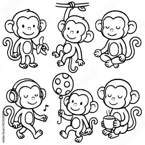Six cute cartoon monkey illustrations in line art set. These happy, playful animal drawings show monkeys eating, hanging, meditating, dancing, holding balloon, and drinking