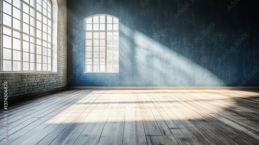 Sunlight Streaming Through Arched Windows Illuminating an Empty Room with Rustic Wooden Floor and Blue Wall Creating a Serene and Inviting Ambiance for Creative Projects Sunlight Streaming Through Arched Windows Illuminating an Empty Room with Rustic Wooden Floor and Blue Wall Creating a Serene and Inviting Ambiance for Creative Projects