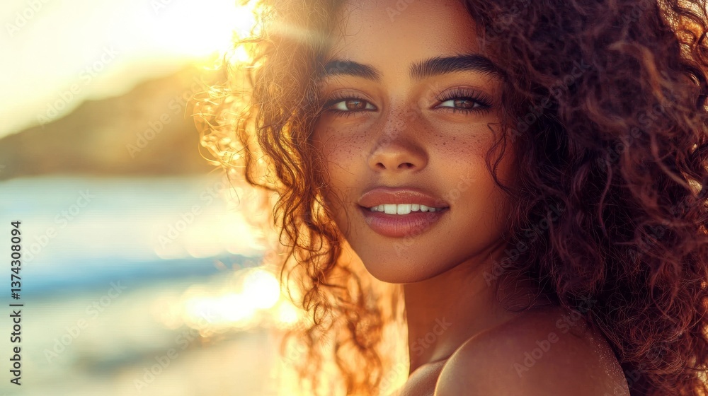 Fototapeta premium Portrait of a brunette woman with curly hair on the beach looking at the camera