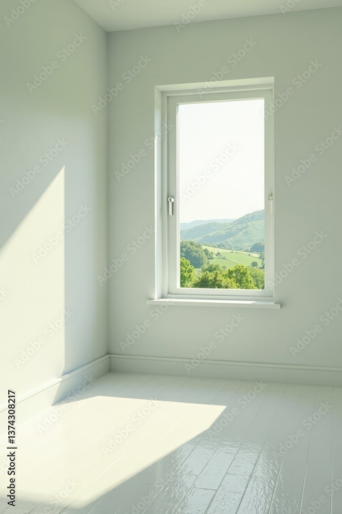 Fototapeta premium Sunlight Illuminates a Room with a Window View of Rolling Hills and Lush Greenery