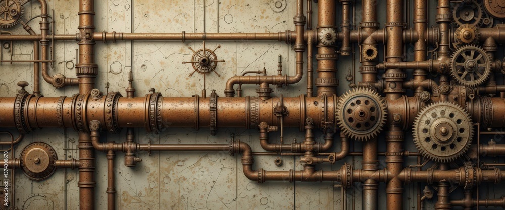 Mechanical Decay Rusty Pipe Integrated into a Steampunk Design with Gears and Cogs Mechanical Decay Rusty Pipe Integrated into a Steampunk Design with Gears and Cogs