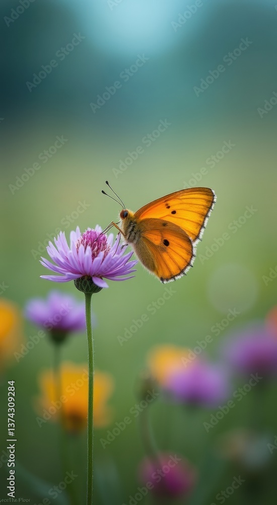 Naklejka premium Butterfly is sitting on a purple flower. The flower is surrounded by other flowers of different colors. The scene is peaceful and serene
