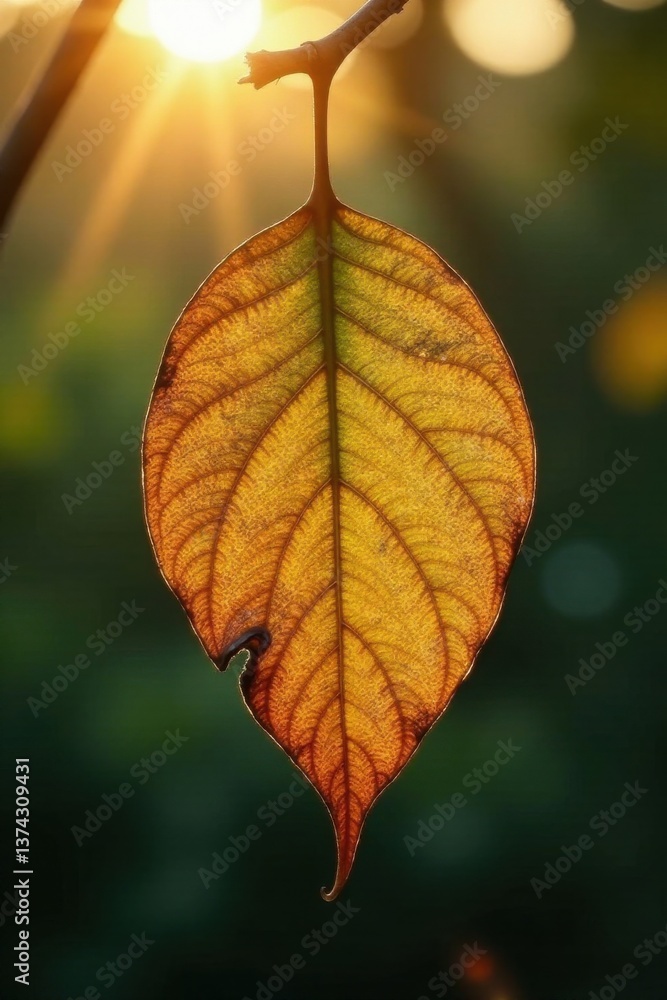 Golden Autumn Leaf Backlit by the Setting Sun's Rays, Hanging Delicately from a Twig Golden Autumn Leaf Backlit by the Setting Sun's Rays, Hanging Delicately from a Twig