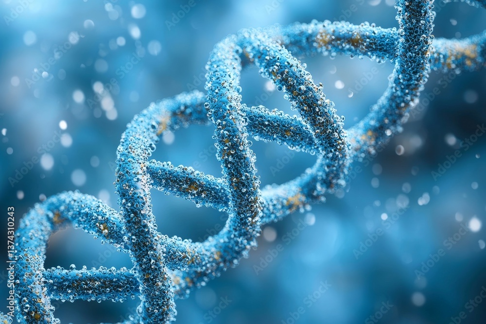 Twisting dna strand digitally rendered in scientific visual with blue particles and micro molecular glow representing synthetic biology sequencing biotechnology and molecular analysis in depth Twisting dna strand digitally rendered in scientific visual with blue particles and micro molecular glow representing synthetic biology sequencing biotechnology and molecular analysis in depth