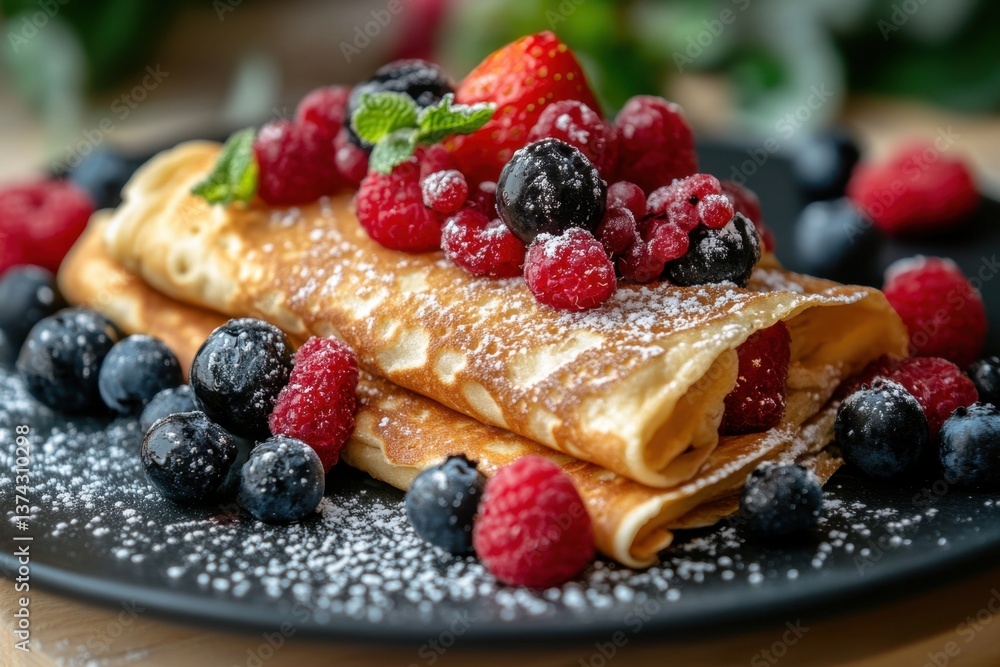 Delicious Crepes Topped with Fresh Berries and Powdered Sugar on a Black Plate in a Bright and Airy Setting Perfect for Breakfast or Brunch Delicious Crepes Topped with Fresh Berries and Powdered Sugar on a Black Plate in a Bright and Airy Setting Perfect for Breakfast or Brunch