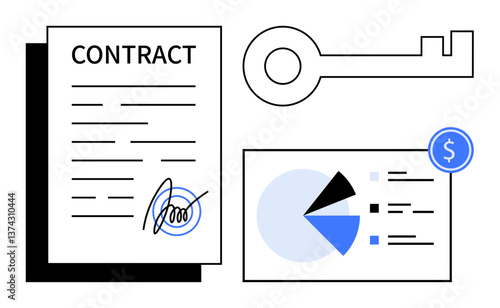 Contract document with signature, pie chart, dollar coin, and key. Ideal for business, agreement, financial planning, security strategy data insights growth. Flat simple metaphor