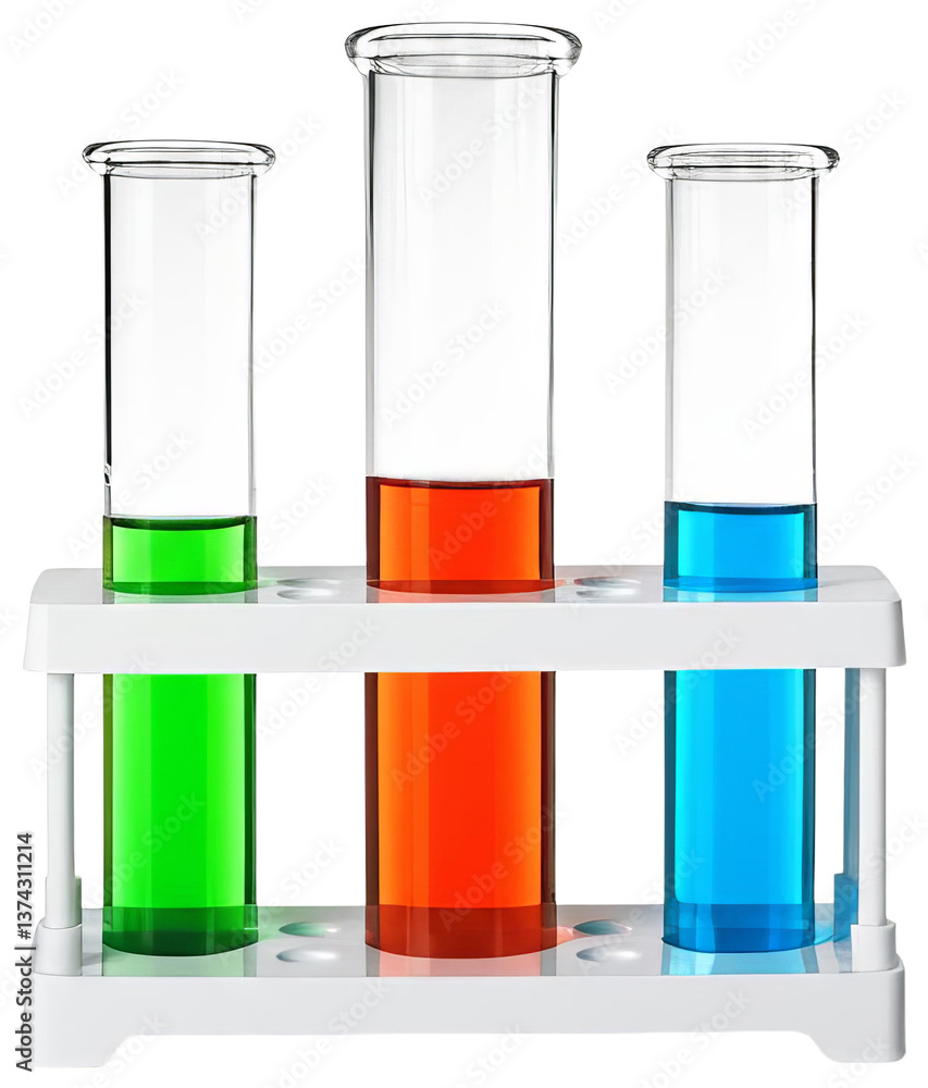 Three test tubes with colored liquids in a rack, transparent background png Three test tubes with colored liquids in a rack, transparent background png