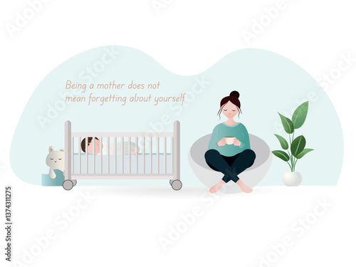 Mother relaxing with newborn baby sleeping in crib: postpartum self-care