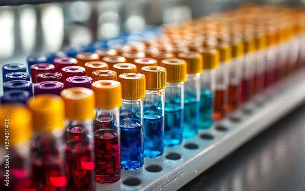 Rows of vibrant chemical solutions in transparent tubes with colorful reflections arranged on lab surface symbolizing biochemical diversity in experimental liquid testing in laboratory context Rows of vibrant chemical solutions in transparent tubes with colorful reflections arranged on lab surface symbolizing biochemical diversity in experimental liquid testing in laboratory context
