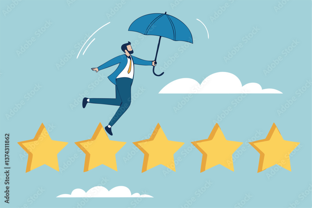 Performance review, annual employee evaluation, appraisal or rating feedback, success five stars employee, excellent feedback opinion concept, businessman balance himself on stars rating evaluation. Performance review, annual employee evaluation, appraisal or rating feedback, success five stars employee, excellent feedback opinion concept, businessman balance himself on stars rating evaluation.