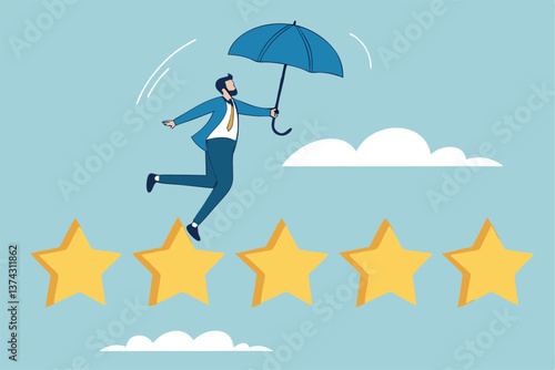 Performance review, annual employee evaluation, appraisal or rating feedback, success five stars employee, excellent feedback opinion concept, businessman balance himself on stars rating evaluation.
