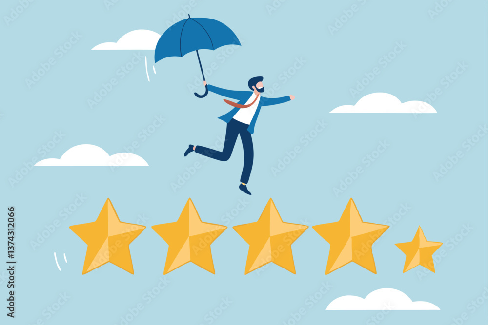 Performance review, annual employee evaluation, appraisal or rating feedback, success five stars employee, excellent feedback opinion concept, businessman balance himself on stars rating evaluation. Performance review, annual employee evaluation, appraisal or rating feedback, success five stars employee, excellent feedback opinion concept, businessman balance himself on stars rating evaluation.
