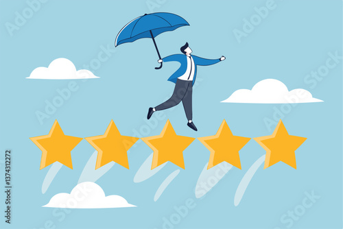 Performance review, annual employee evaluation, appraisal or rating feedback, success five stars employee, excellent feedback opinion concept, businessman balance himself on stars rating evaluation.