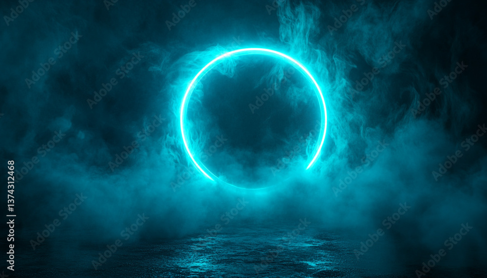Iridescent mist enveloped by a glowing cyan neon ring, dreamlike glow Iridescent mist enveloped by a glowing cyan neon ring, dreamlike glow