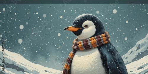  Vintage Antarctic Penguin Retro Illustration of a Penguin Enjoying the Snowy Winter in Antarctica, Striped Scarf.