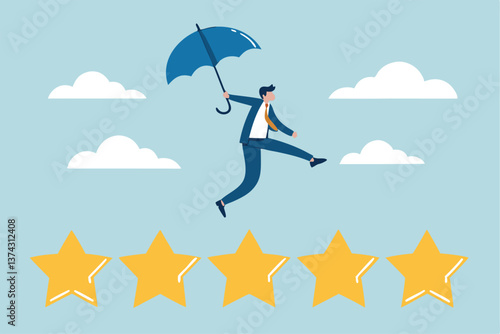 Performance review, annual employee evaluation, appraisal or rating feedback, success five stars employee, excellent feedback opinion concept, businessman balance himself on stars rating evaluation.