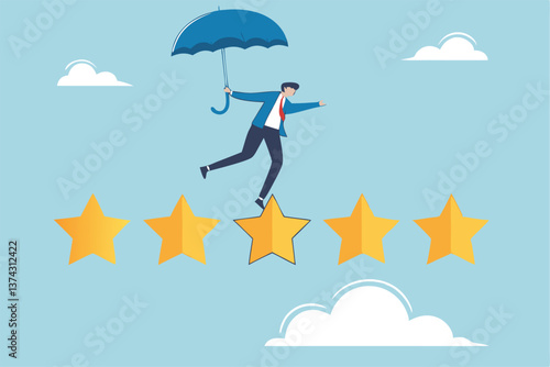 Performance review, annual employee evaluation, appraisal or rating feedback, success five stars employee, excellent feedback opinion concept, businessman balance himself on stars rating evaluation.