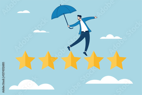 Performance review, annual employee evaluation, appraisal or rating feedback, success five stars employee, excellent feedback opinion concept, businessman balance himself on stars rating evaluation.