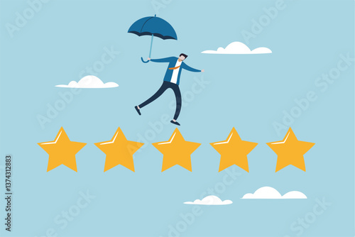Performance review, annual employee evaluation, appraisal or rating feedback, success five stars employee, excellent feedback opinion concept, businessman balance himself on stars rating evaluation.