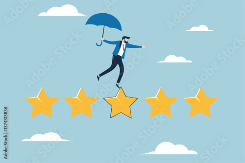 Performance review, annual employee evaluation, appraisal or rating feedback, success five stars employee, excellent feedback opinion concept, businessman balance himself on stars rating evaluation.