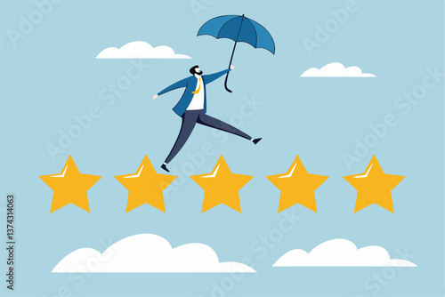 Performance review, annual employee evaluation, appraisal or rating feedback, success five stars employee, excellent feedback opinion concept, businessman balance himself on stars rating evaluation.