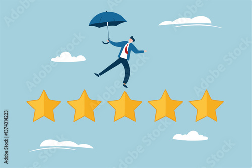 Performance review, annual employee evaluation, appraisal or rating feedback, success five stars employee, excellent feedback opinion concept, businessman balance himself on stars rating evaluation.