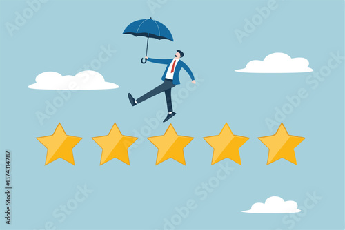 Performance review, annual employee evaluation, appraisal or rating feedback, success five stars employee, excellent feedback opinion concept, businessman balance himself on stars rating evaluation.