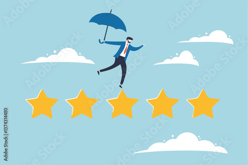 Performance review, annual employee evaluation, appraisal or rating feedback, success five stars employee, excellent feedback opinion concept, businessman balance himself on stars rating evaluation.
