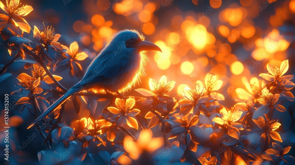 Bird in golden light amidst flowers Bird in golden light amidst flowers
