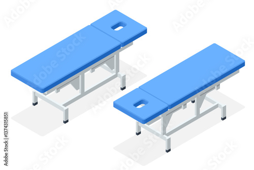 Isometric vector set of massage metal, adjustable, stationary models tables. Massage therapist, orthopaedic, therapeutic