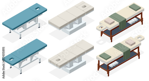 Isometric vector set of massage tables including wooden, metal, adjustable, stationary models, prepared with towels and massage accessories.