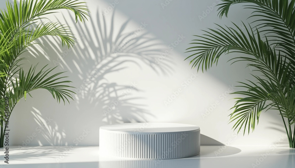 Fototapeta premium Minimalist Tropical Display with Palm Leaves and Sunlight Makeup booth & e-commerce scene & Item display stand