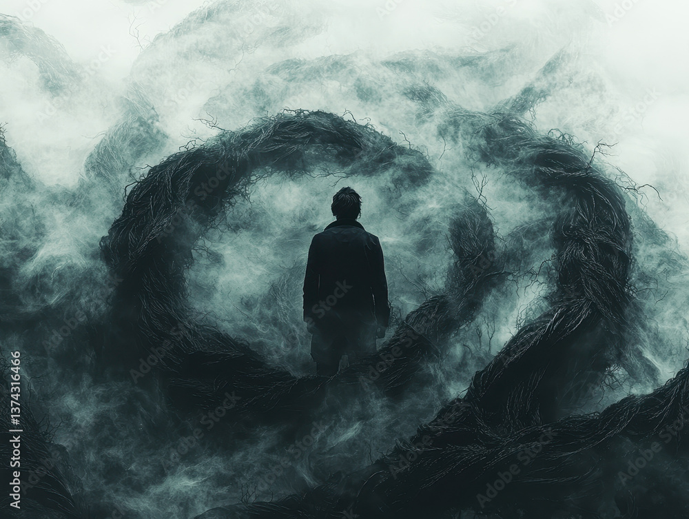 Obraz premium Conceptual representation of decision-making overwhelmed by cognitive biases in a foggy environment