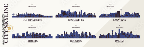 City skyline silhouettes San Francisco, Los Angeles, Las Vegas, Phoenix, Houston, Dallas, Panoramas of the USA cityscape horizon with abstract brutalism geometric pattern, urban landscape, kit 7