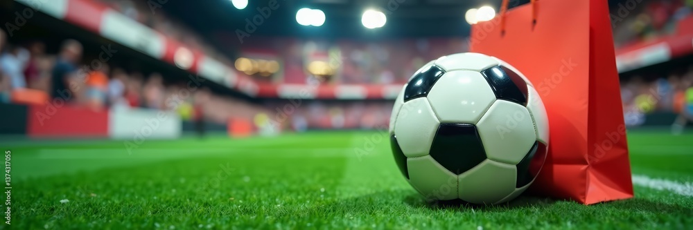 Fototapeta premium Close-up of football with shopping bag in sports store, clothing, retail, shopping
