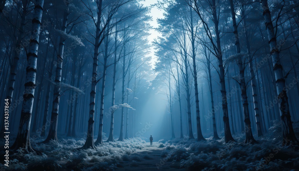 Naklejka premium Cool Toned Forest with Beam of Light, Dramatic and Moody Render