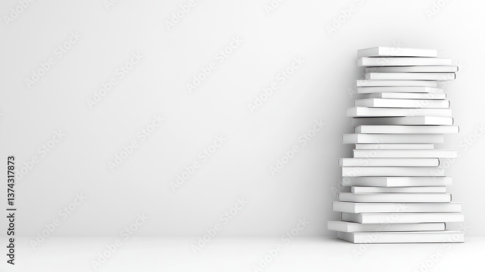 Obraz premium Stack of White Books Against a White Wall: A Minimalist Study in Form and Space