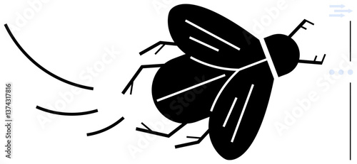 Black fly in bold silhouette with motion lines indicating flight. Ideal for movement, nature, pest control, environment, speed, bio-science, and simplicity concepts. Flat simple metaphor