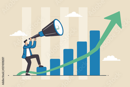 Economic growth forecast, GDP prediction or business vision to grow investment or business, increase profit or earning improvement concept, businessman look on telescope on growth chart diagram.