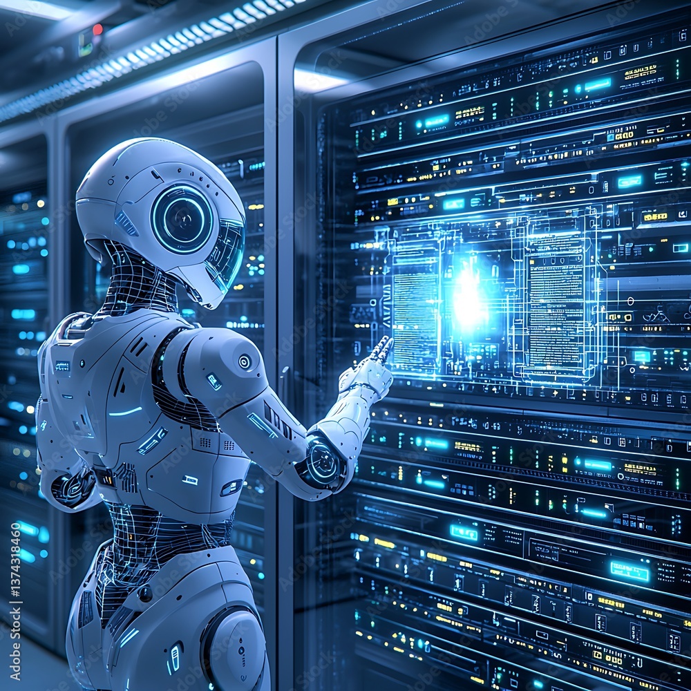 Obraz premium Robot managing server data center. (1)