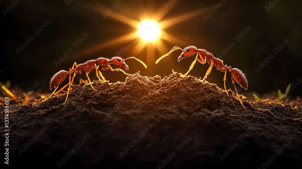Fototapeta premium Ants working together to build an intricate nest in the soil, their tiny bodies moving in unison to create a complex structure in the earth.