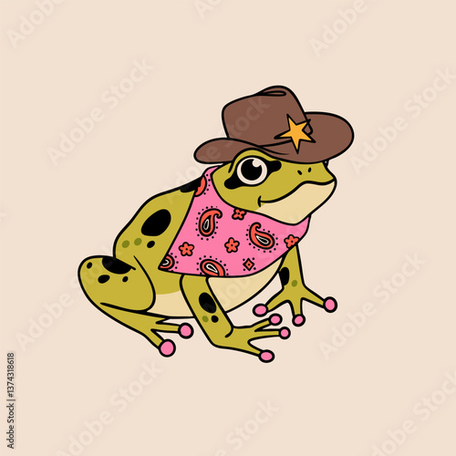Green Frog dressed in clothes. Toad with cowboy hat, neck bandana. Cute funny cartoon character. Hand drawn modern Vector illustration. Isolated design element
