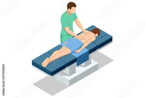 Isometric vector illustration of a therapist giving a back massage to a female client lying face down on an advanced adjustable massage table.