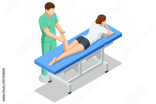 Isometric vector illustration showing a therapist massaging the foot and ankle area of a female patient lying prone on a massage table during rehabilitation.