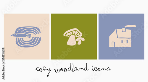 Cozy woodland concept. Fish, water, mushrooms, cabin icon set. Hand drawn modern Vector illustration. Isolated design elements. Square logo, branding, packaging, web, print templates