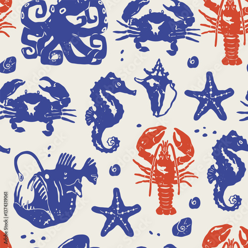 Marine, ocean life. Underwater sea creatures set. Octopus, seahorse, nautilus shell, angler fish, crab, lobster, starfish, coral. Hand drawn modern Vector illustration. Isolated design elements