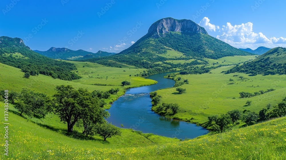 Naklejka premium Serene River Valley Landscape: Majestic Mountain Vista