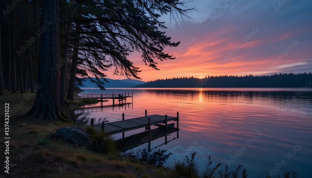 A serene lake reflects vibrant shades of pink, orange, and purple from the sunset. A wooden dock is surrounded by towering trees, evoking tranquility. A serene lake reflects vibrant shades of pink, orange, and purple from the sunset. A wooden dock is surrounded by towering trees, evoking tranquility.