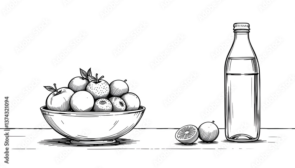 A bowl brimming with various fruits sits alongside a bottle and two halved fruits on a table. The detailed sketch emphasizes textures and shapes. A bowl brimming with various fruits sits alongside a bottle and two halved fruits on a table. The detailed sketch emphasizes textures and shapes.