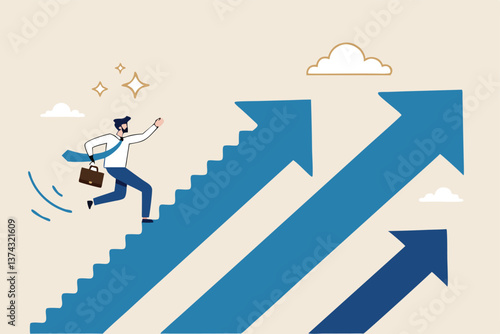 Step to success, improvement, challenge or career growth development, leadership progress, career path direction or stairway to win business concept, businessman walk up arrow stair for victory.